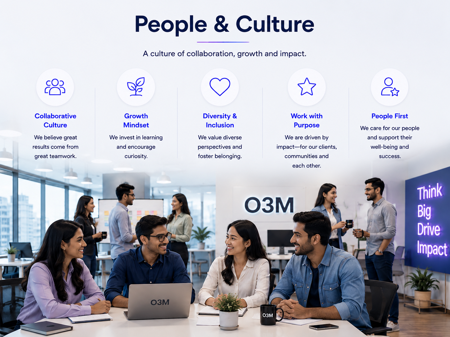 Illustration representing O3M's people and culture — investing in fresh graduates, real client work, and continuous learning.